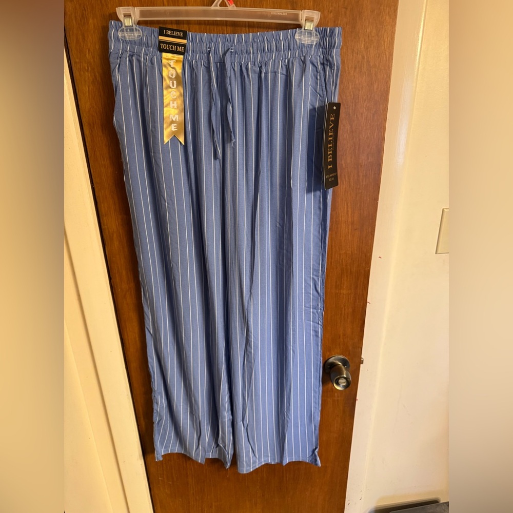 New With Tags I BELIEVE Blue & White Striped Wide Leg Rayon Pants Size 2X